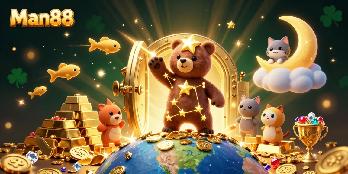 Experience the excitement of winning at Man88 with dazzling treasures and cosmic characters in this vibrant casino scene.