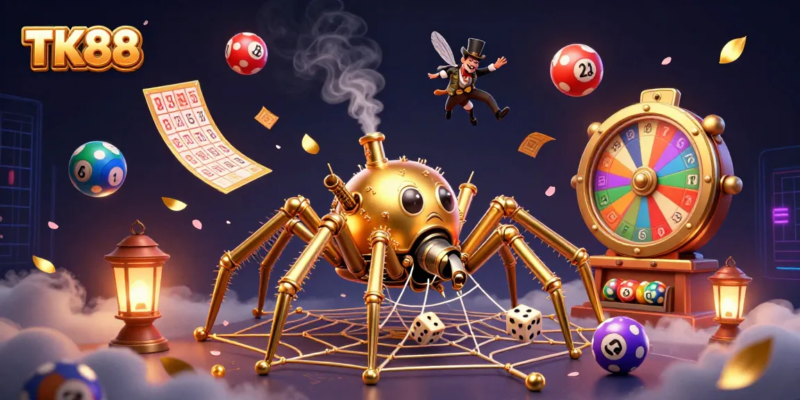 Engaging scene of TK88 with a steampunk spider and amusing fly gentleman capturing dice in a dynamic casino web.